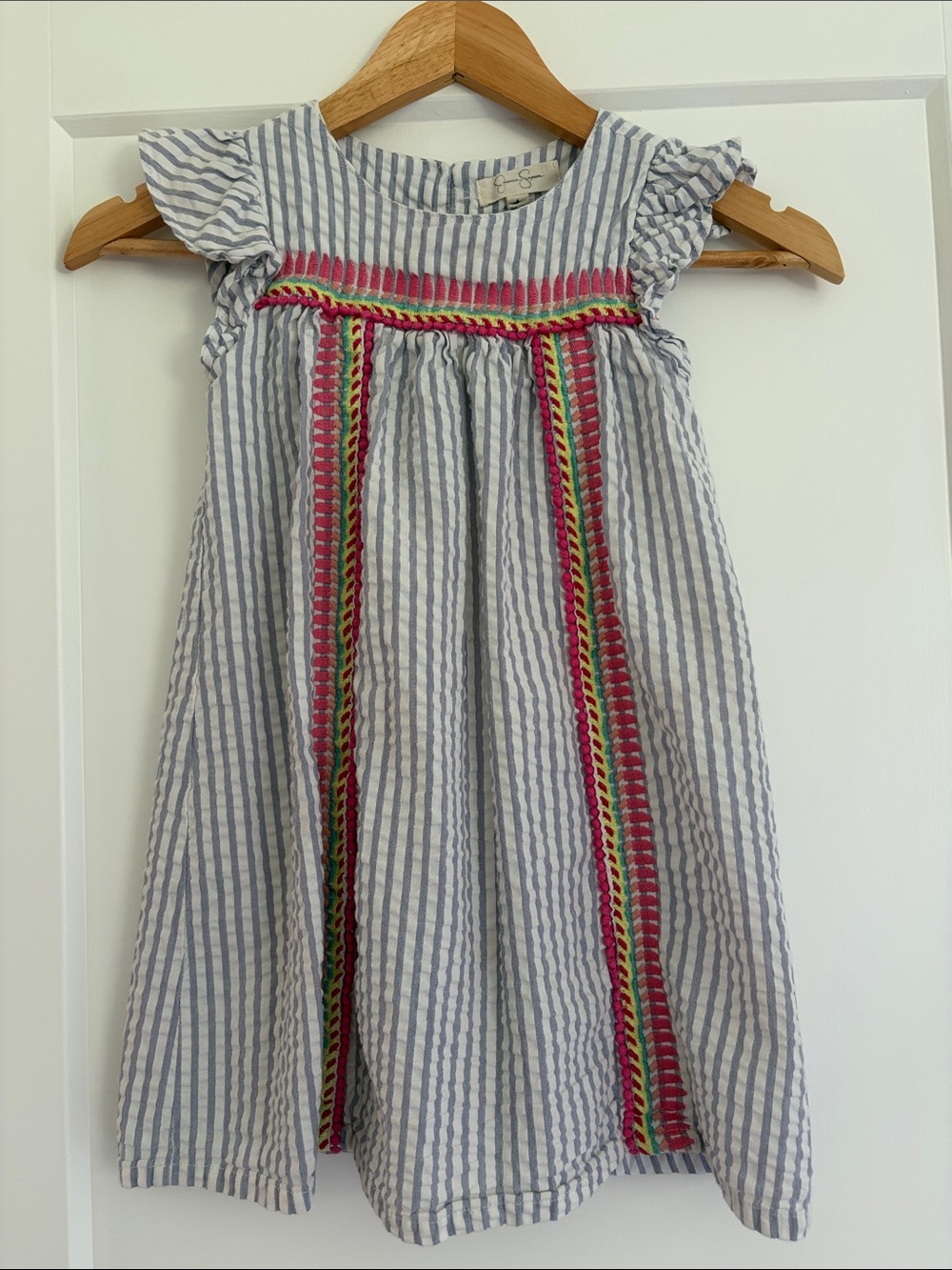 Jessica Simpson Striped Seersucker Girls Dress with Pink & Green Trim